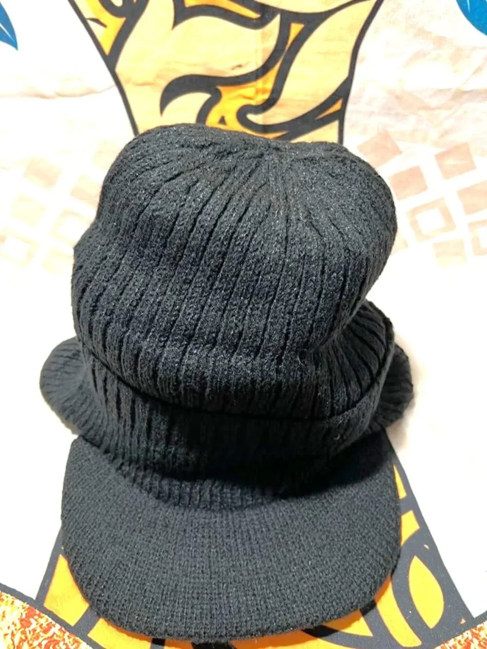 Black Ribbed Knit Winter Hat with Brim — 100% Acrylic, Cozy & Warm